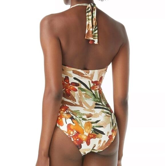 VINCE CAMUTO Printed Plunging Halter One-Piece Swimsuit ivory size 6 New - Picture 7 of 15